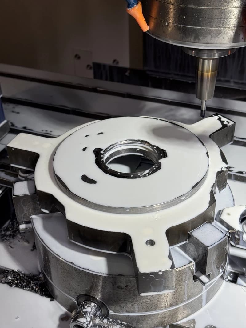 Eine CNC-Fräsmaschine bearbeitet ein Metallwerkstück, das mit weißem Kühlmittel bedeckt ist. Die Maschine ist in Betrieb und das Werkstück ist in einer Spannvorrichtung befestigt.